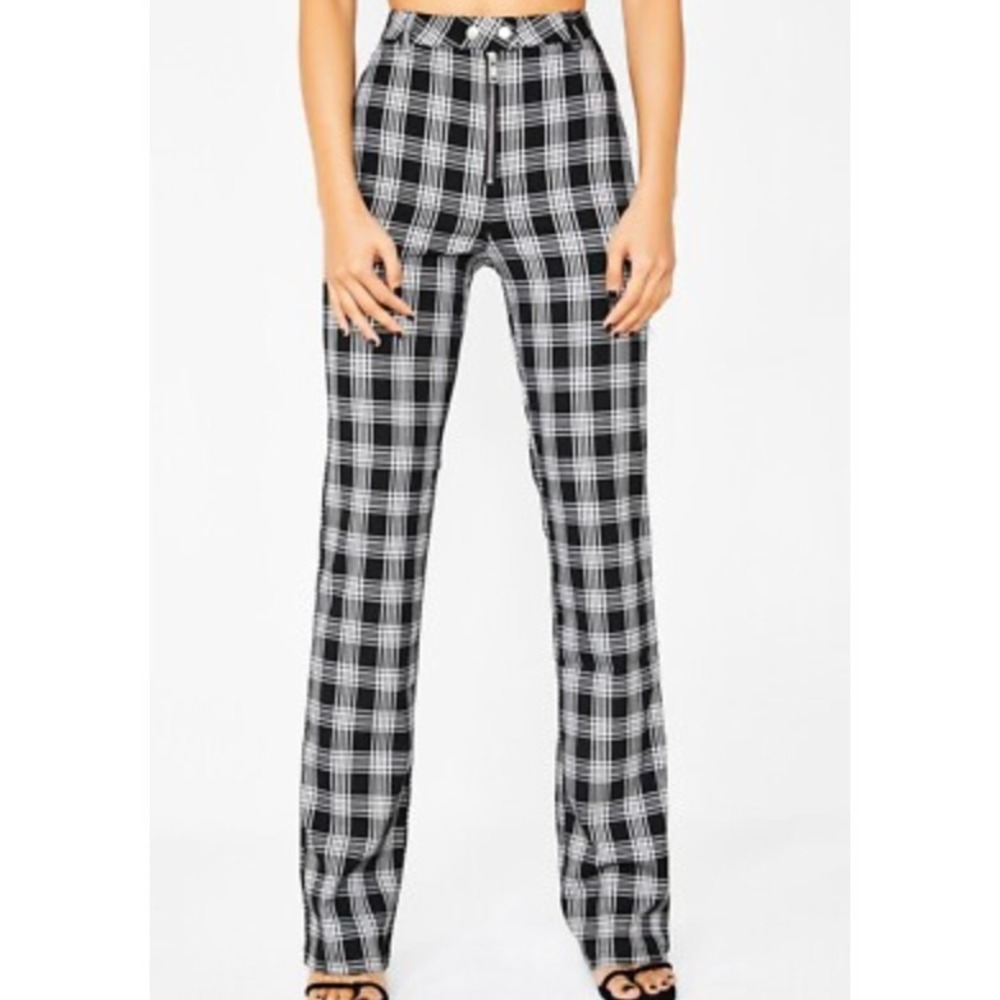 I.AM.GIA Tartan Plaid Straight Leg Black White‎ High Rise Pants Womens Size XS